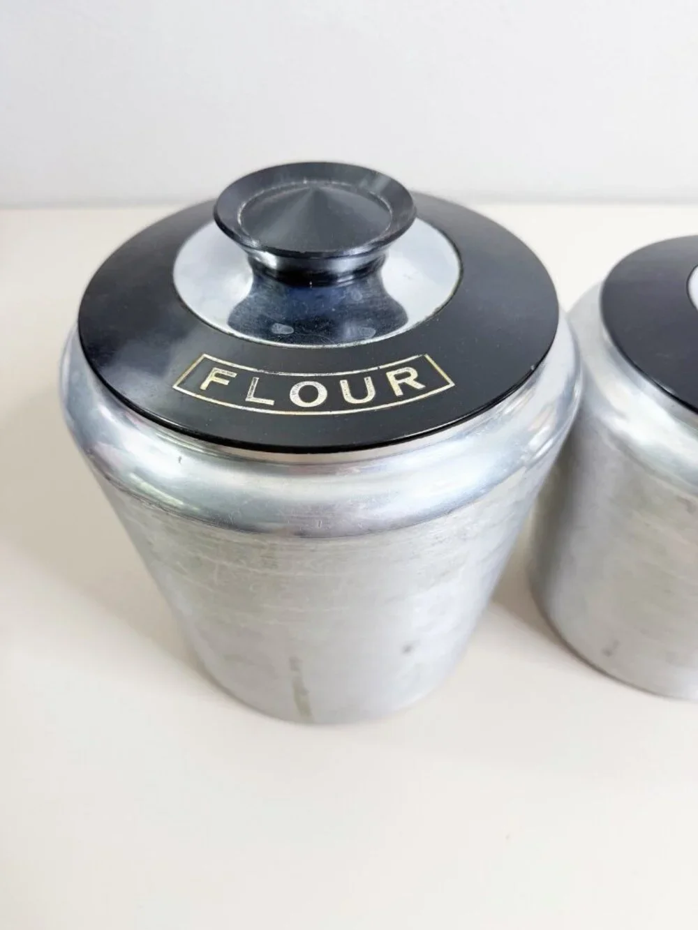 Vintage Kromex Aluminum Canister Set of 4 Flour Sugar Coffee Tea Black Lids EUC